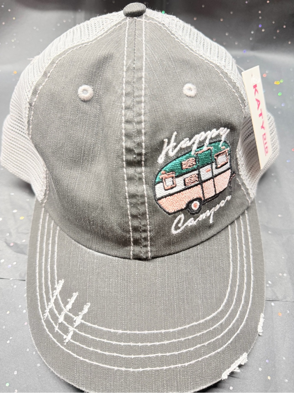 "Happy Camper" Gray Mesh Baseball Cap
